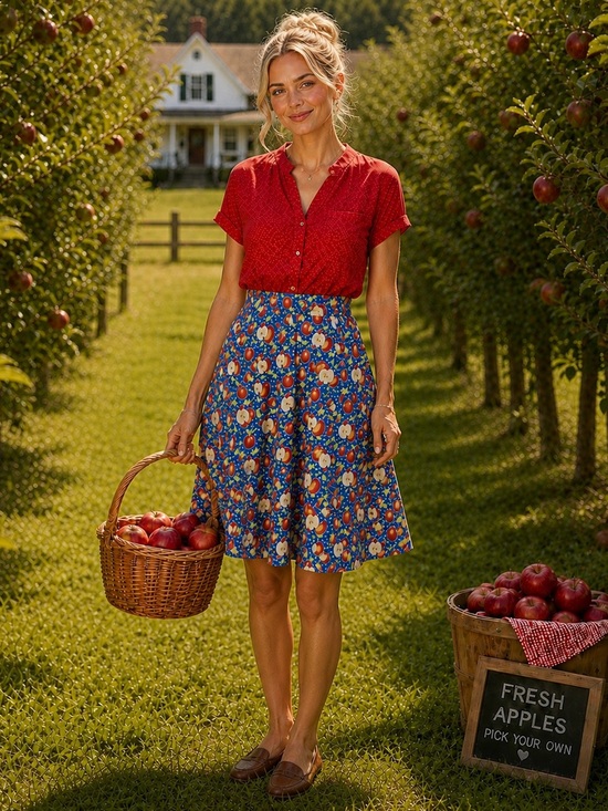 Tulip B Dresses & Skirts - NWT Tulip B Blue Apple-Print Midi Circle Skirt Elastic Back Cotton Pockets